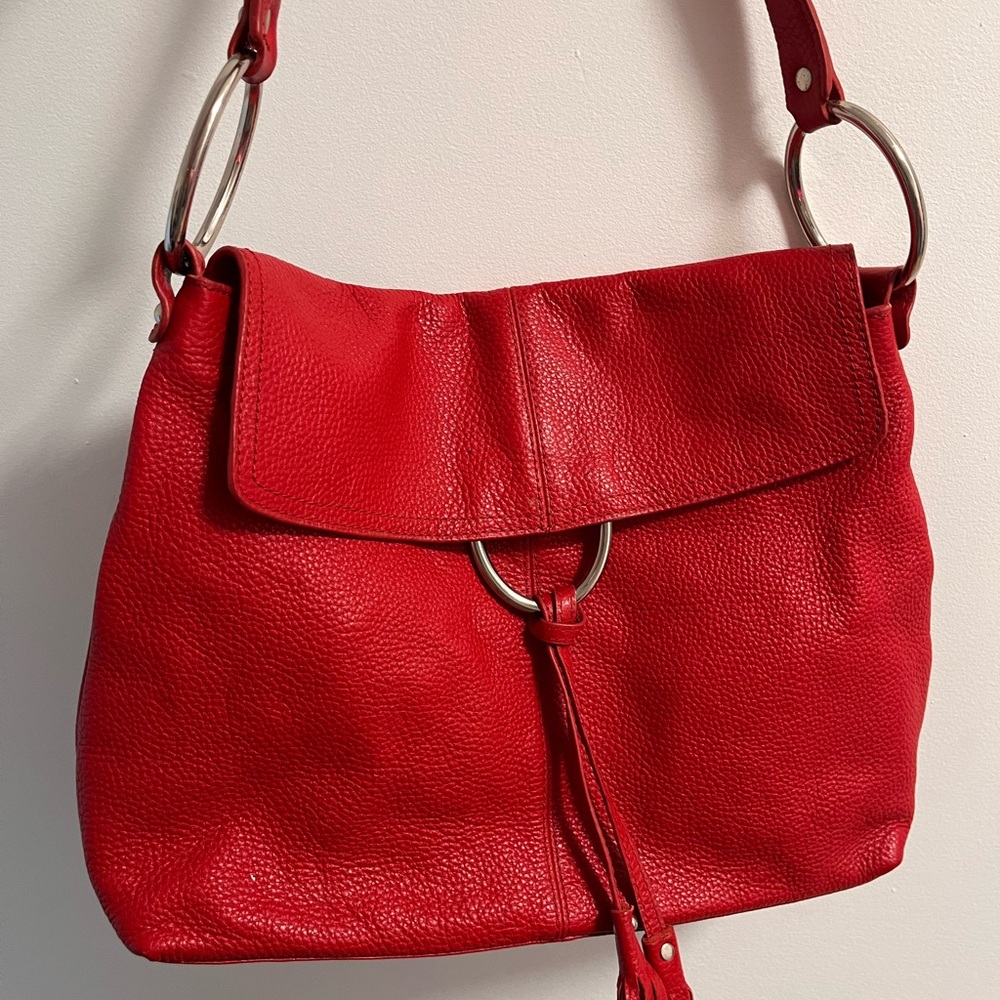 Alfani Red Pebbled Leather Shoulder Bag Fringe Tassel Ring Hobo NWT